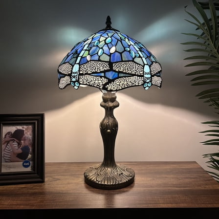 Tiffany Table Lamp Blue Stained Glass Dragonfly LED Bulb Included For Living Room Bedroom Bedside 12"W*12"D*19"H