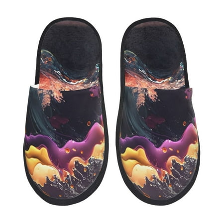 Balery Explosive Fluid Splash Art Slient Indoor Furry Fleece Comfort House Shoes Soft Non-Slip Home Shoes Cotton slippers House Slippers-- Large