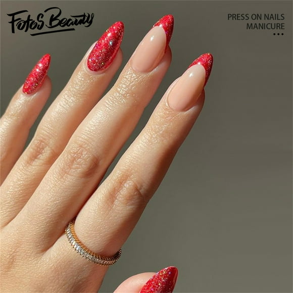 Fofosbeauty 24pcs Press on False Nails Tips, Almond Fake Acrylic Nails, French Flash Red
