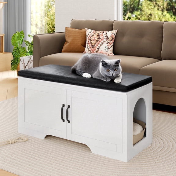 Hidden Cat Litter Box Enclosure Furniture ,Wooden Multi-Functional Hidden Washroom with Adjustable Shelves & Waterproof UP, White
