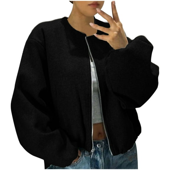 Womens Cropped Bomber Jackets Trendy Casual Collarless Long Sleeve Pea Coat Zip Up Fall Crop Jacket
