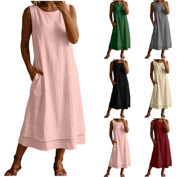 Bxsruta Womens Casual Midi Dress Scoop Neck Sleeveless Flowy Summer Sundress with Pockets