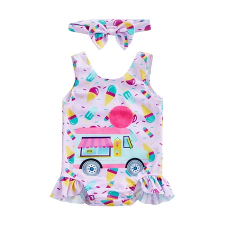 

Canrulo Toddler Little Girls Swimwear Romper Cartoon Printed Sleeveless Ruffle Beachwear Bodysuit+Headband Set Pink 3-4 Years