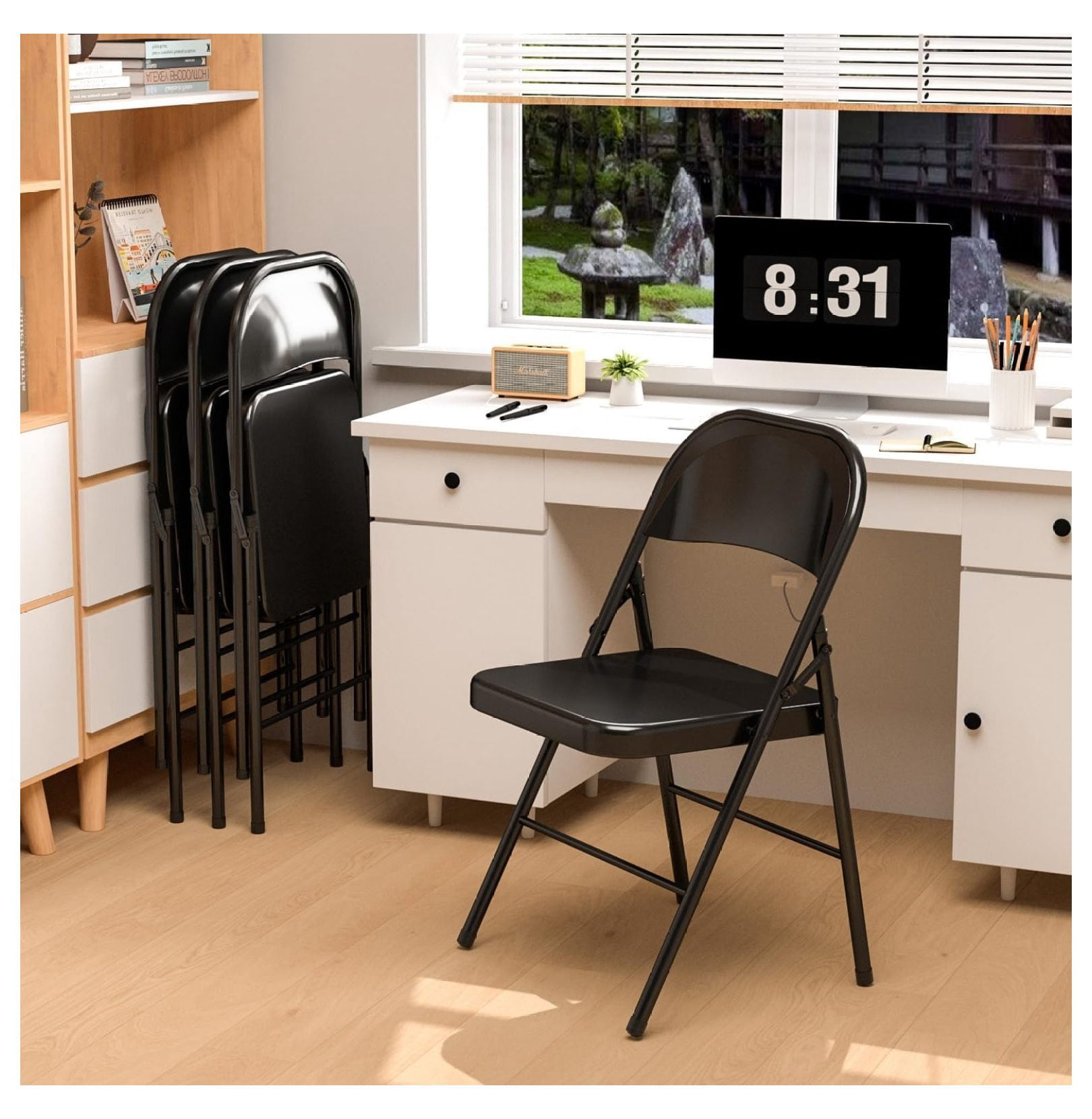 Folding Chairs 4 Pack, Metal Folding Chairs Steel Frame, Black Patio Chairs for Events, Wedding, Office, Dinning, Heavy Duty & Portable