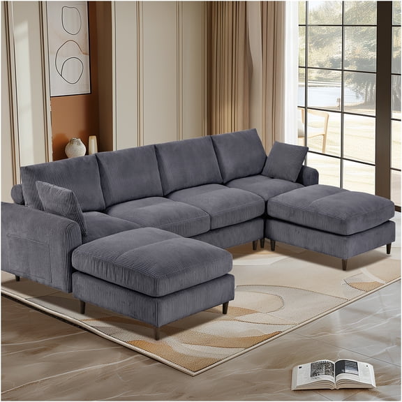JERFIT Modern Corduroy Modular Sectional Sofa Set with Ottoman, U-Shaped L-Shaped Convertible Couch for Living Room, Apartment, Office, Grey 6-Seater