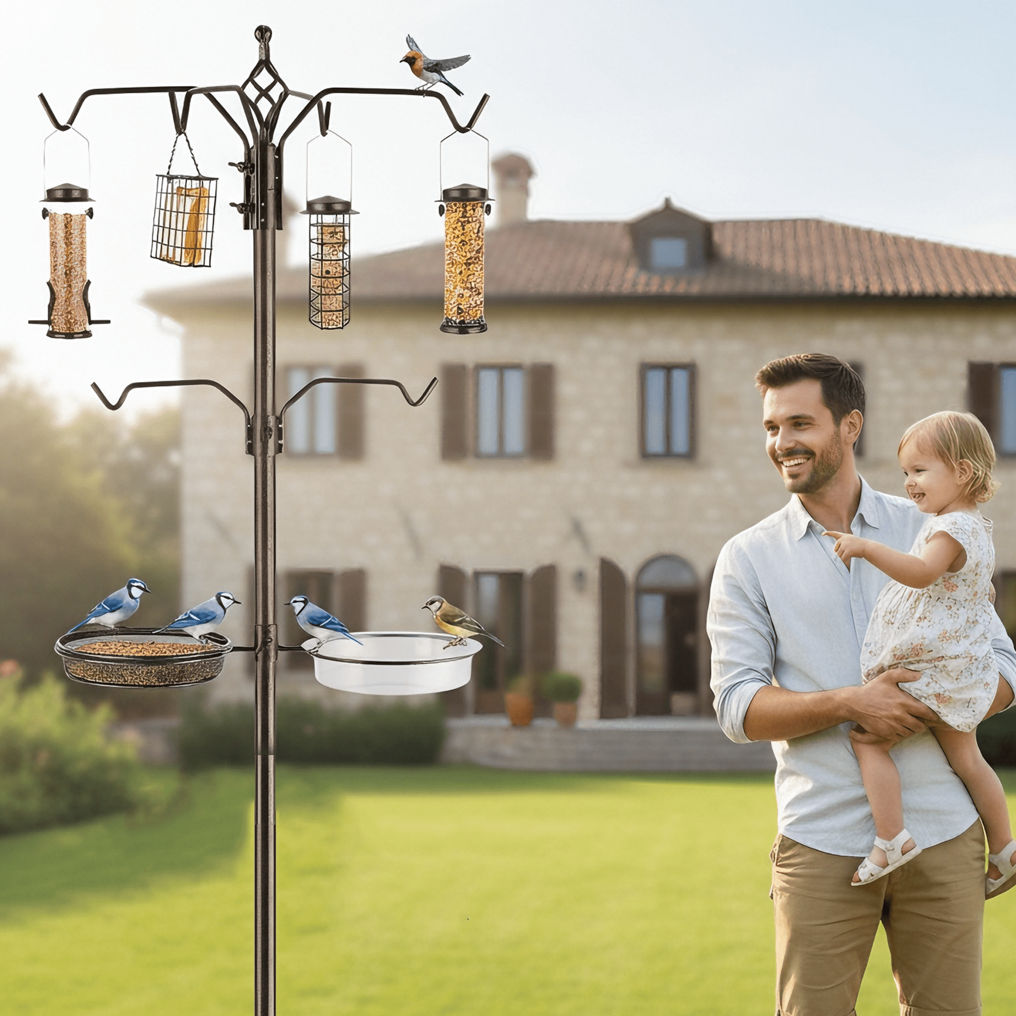 Urban Deco 96.4 Inch Bird Feeding Station Kit Wild Bird Feeder Hanging Planter Hanger Multi Feeder Hanging with Metal Suet Feeder Bird Bath for Attracting Wild Birds