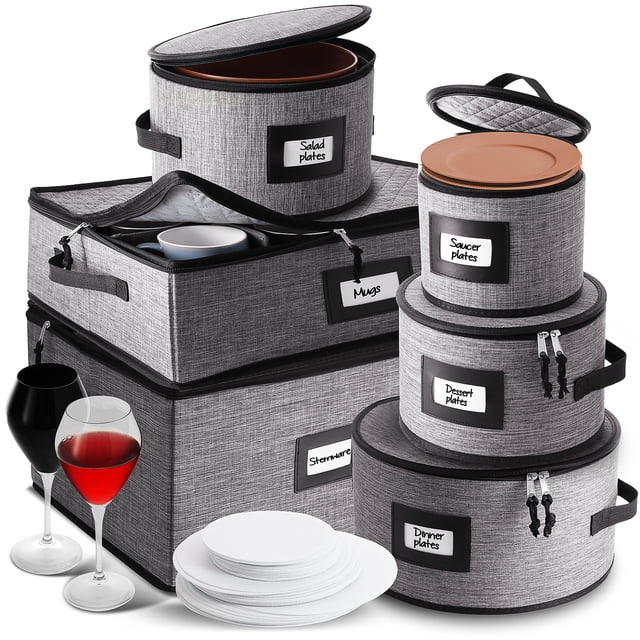 StorageBud 6pc Dinnerware Storage Container Set with Dividers, for Plate, Cup, Flatware, Stemware, & Platter Sets, Securely Padded, Hard Shell & Stackable, Handles & Zippers for Transport