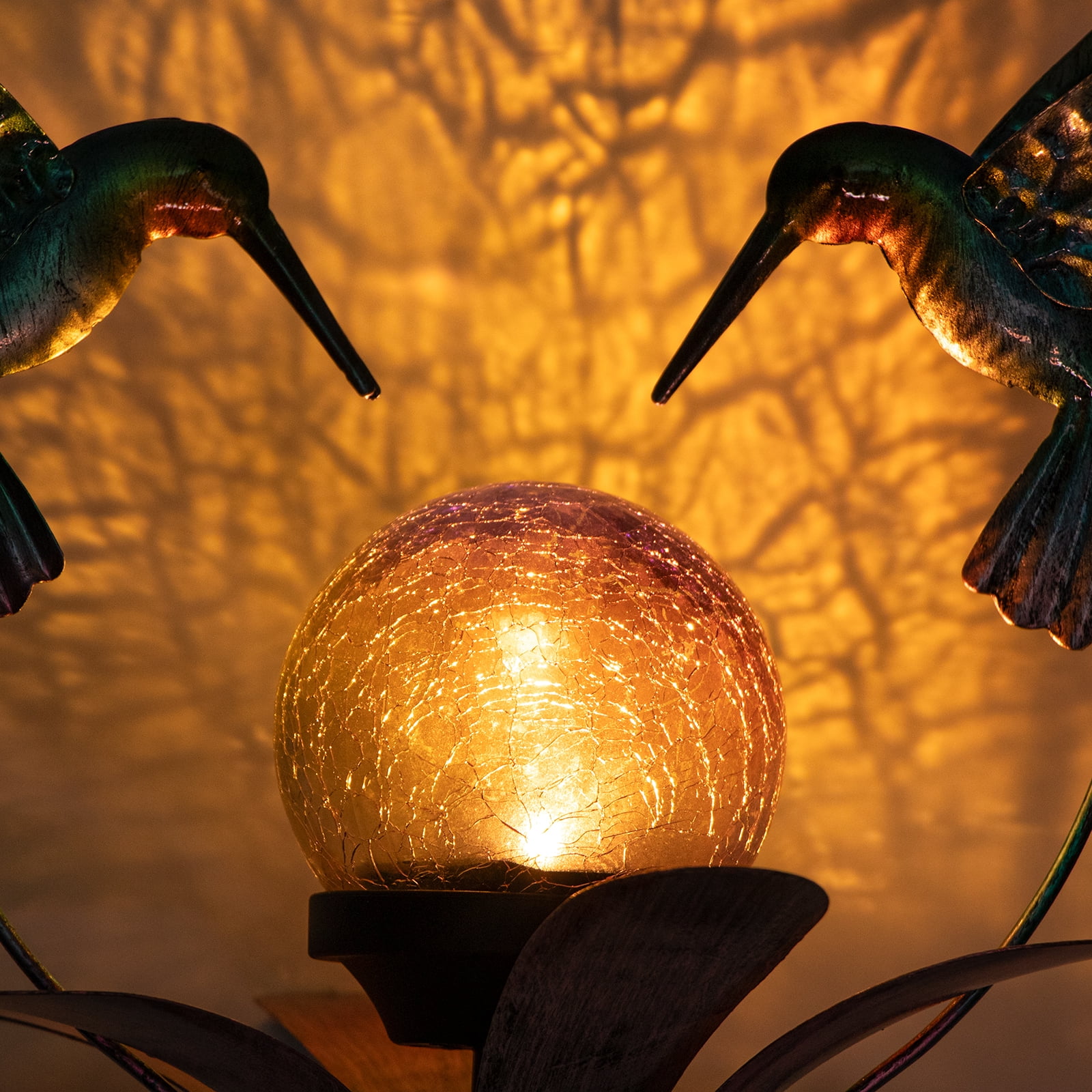 Wonder Garden Solar Wind Spinner hummingbird Garden Stake Decoration with LED Light, Crackle Glass Ball Weather Resistant Multicolor, Blue
