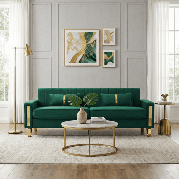 Loveseat Couch for Living Room, 86" Blue Velvet 3-Seater Sofa Couch with 2 Pillows & Gold Metal Legs, Modern Upholstered Sofa Love Seat Sectional Couches for Apartment Home Office Green