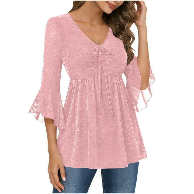 BLVB Sparkly Tops for Women Ruffle 3/4 Sleeve V Neck Double Layers Mesh Blouses Loose Fit Flowy Tunic Tops Spring Shirts