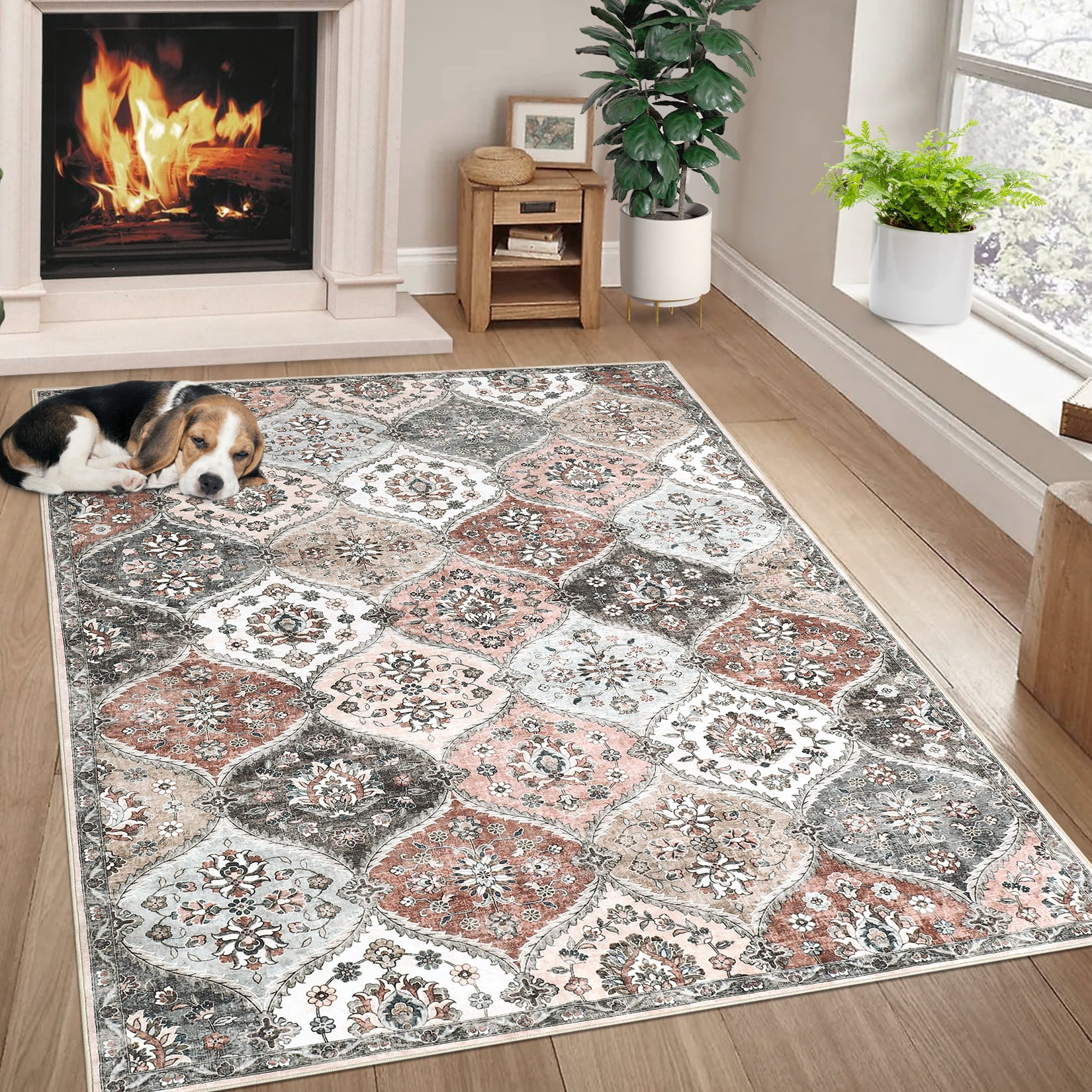 HOMERRY Indoor Washable 4' x 6' Area Rug Moroccan Trellis Floral Rug for Living Room Non-Slip Floor Carpet for Bedroom, Pink/Gray