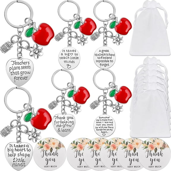 6 Sets(18PCS) Teacher Gifts Teacher Appreciation Gifts Keychain Organza Bags with Thank You Cards for Women Teachers Christmas Valentine's Day