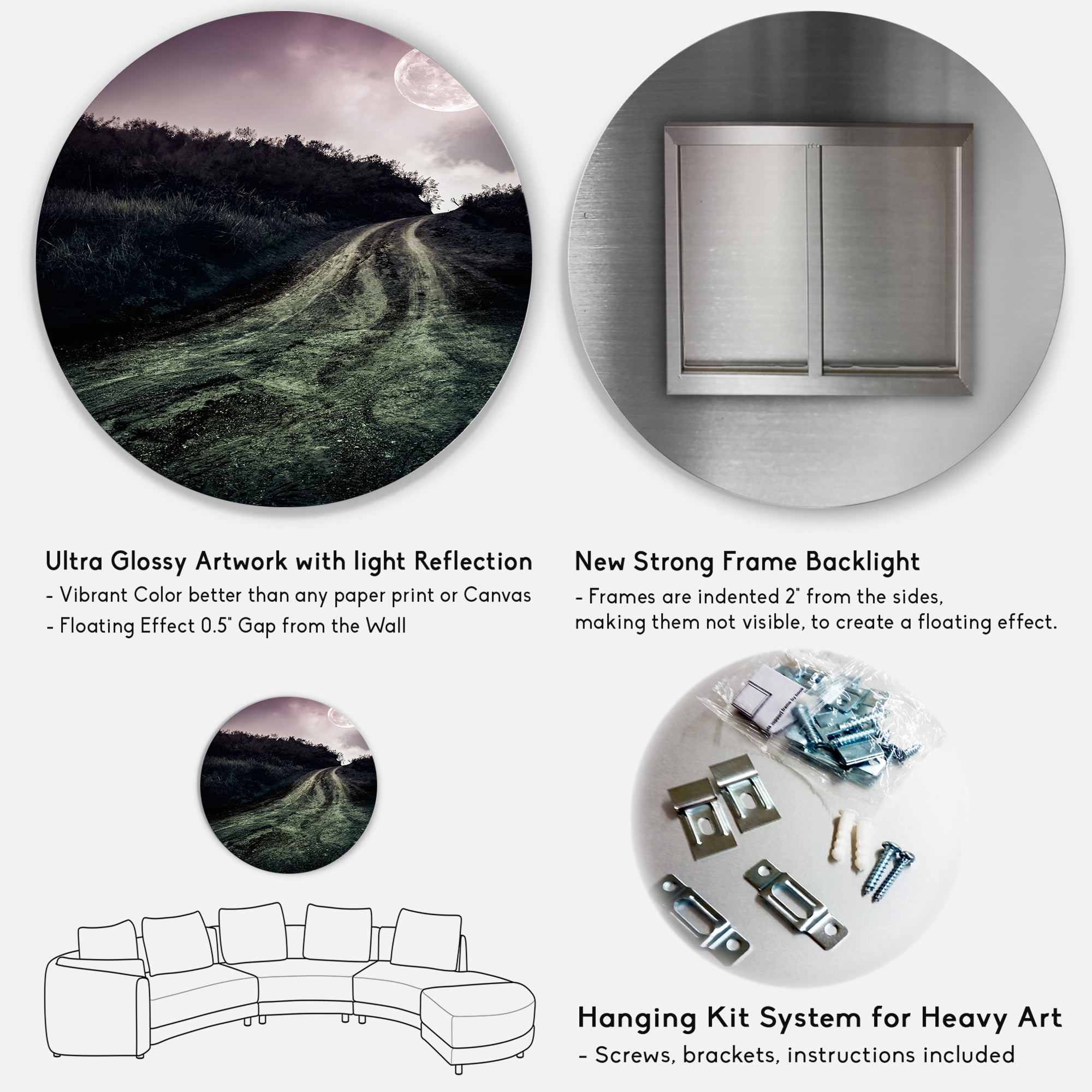 Designart 'Countryside Muddy Road Under Full Moon' Modern Circle Metal Wall Art 11x11 - Disc of 11