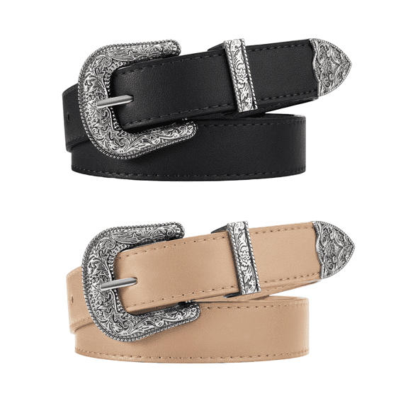 KALUNMA 2 Pack Western Belt for Women Cowgirl Cowboy Adjustable Belt for Jeans Pants with Silver Vintage Engraved Buckle