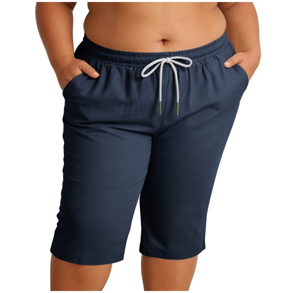 Zynoxe Plus Size Linen Shorts for Women with Pockets Solid Color Straight-Leg Bermuda Shorts Casual Oversized Elasticated Waist Drawstring Ladies Shorts L