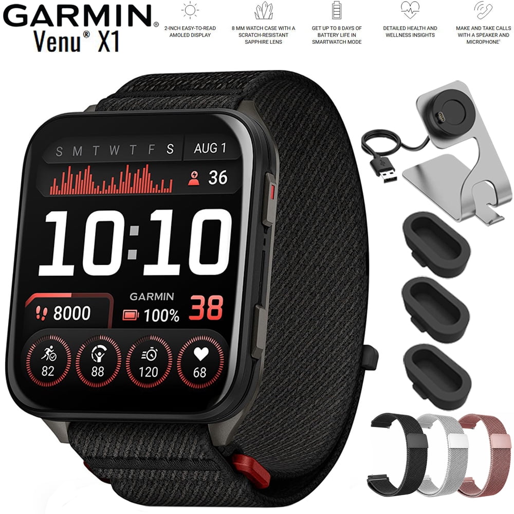 Garmin Venu X1 Premium GPS Smartwatch Black Titanium 010-02980-00 Bundle with Deco Essentials 24mm Milanese Band 3 Pack, Charging Dock and Silicone Dust Cover 3 Pack