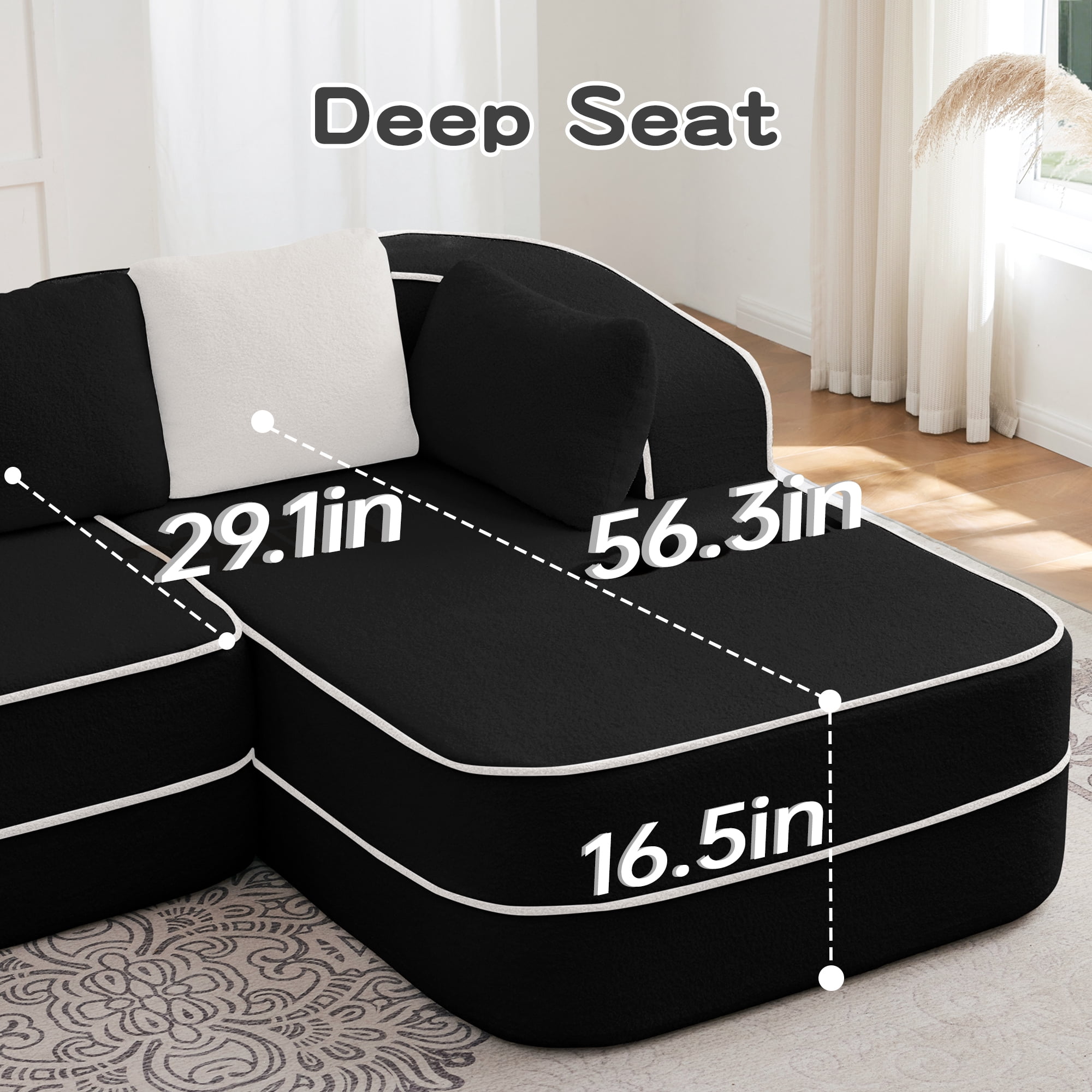 106" Teddy Fabric No Assembly 32D Boneless Sofa,Contrast color design,Fluffy Comfy Couch with L-Shaped Chaise,for Living Room,Black