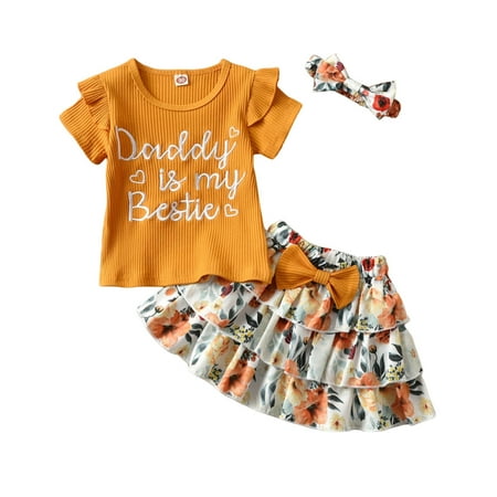 

Toddler Girl Tops Floral Skirts Dress Ruffle Sleeve Summer 3Pcs Clothes Set Headband Clothing For Girl