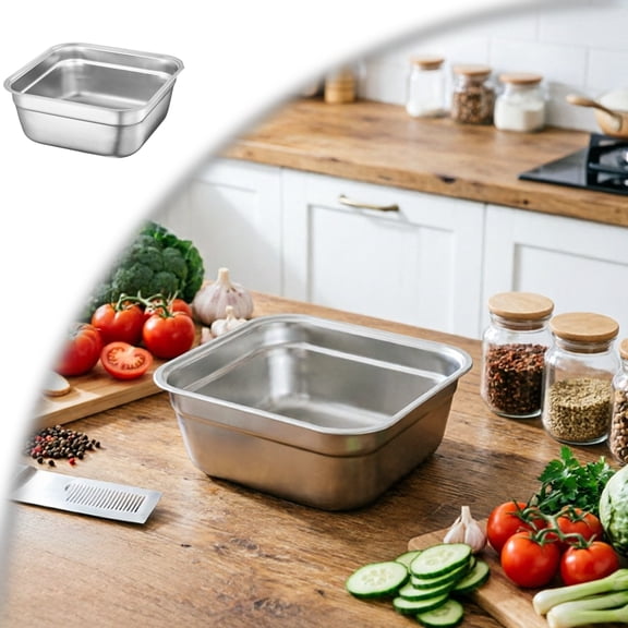 Stainless Steel Washing Up Bowl, Large Square Dish Tub for Kitchen Sink, Vegetable Washing Basin with Smooth Rim, Stable Flat Bottom Container for Home Cleaning