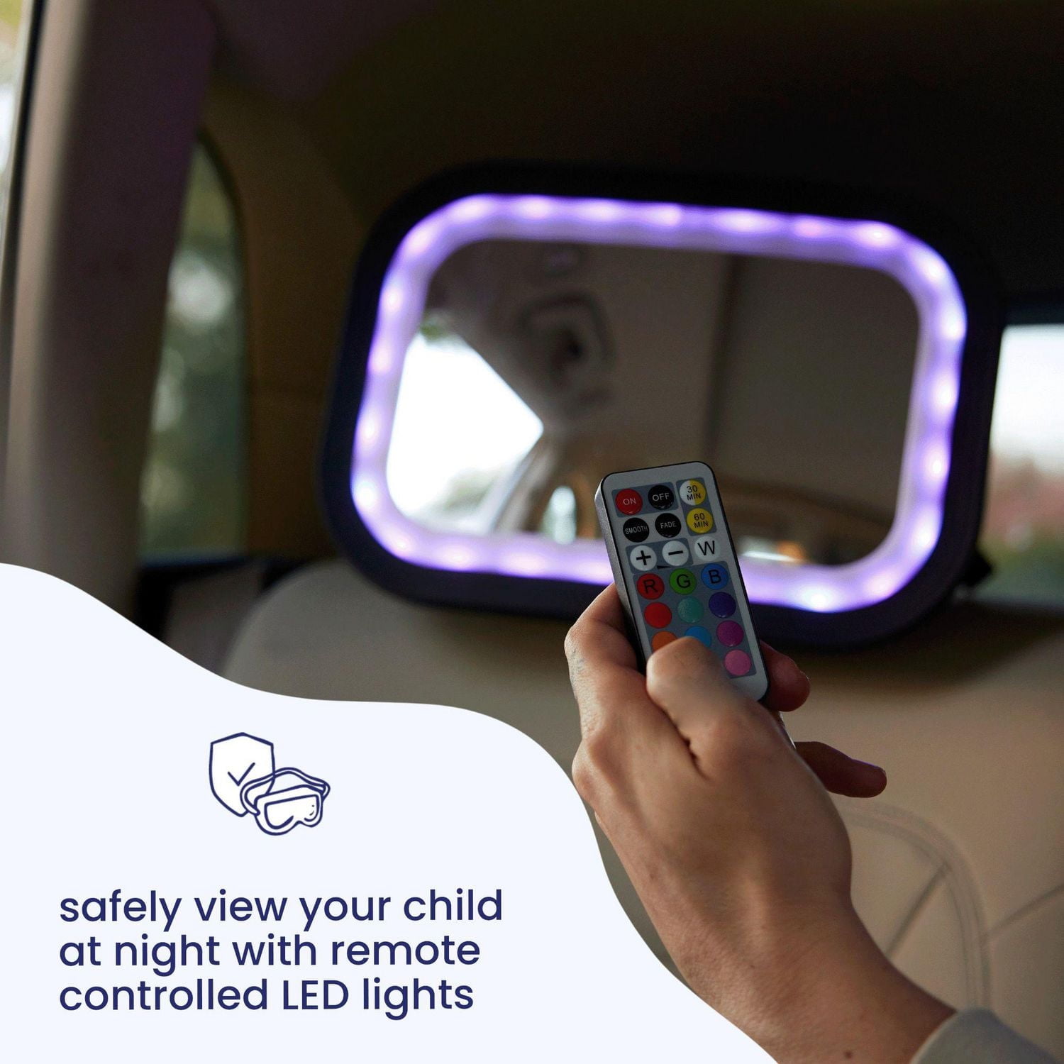 GoldBug Glow Rear-Facing Baby Car Seat Mirror, Adjustable LEDs & Remote Control, Black, Goldbug Glow Mirror