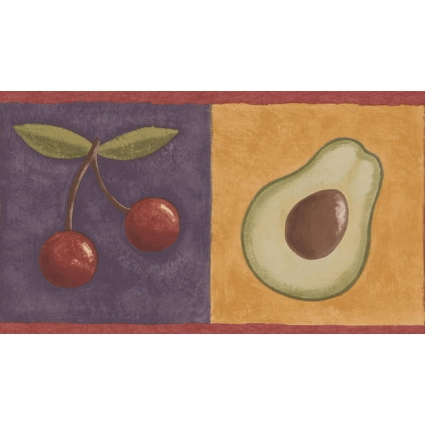 Wallpaper Border - Lemon Cherry Avocado Grapes on Colorful Squares Kitchen Bathroom Wall Border ...
