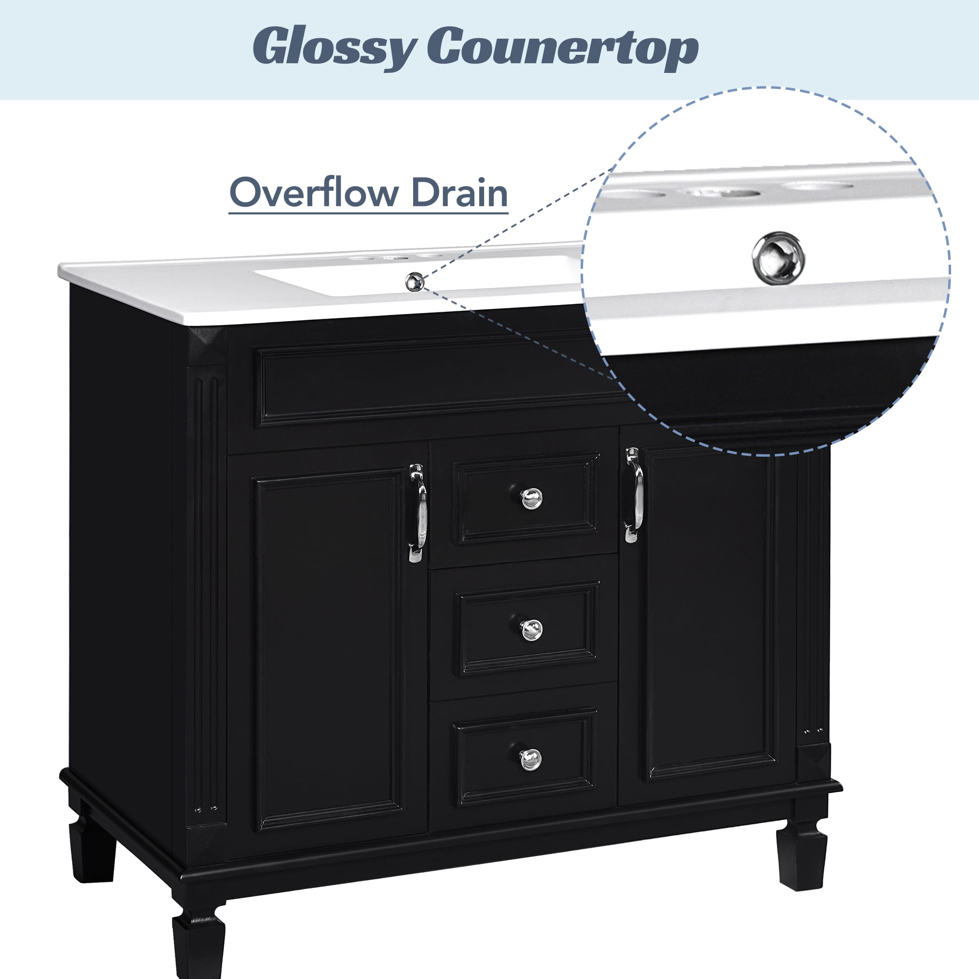 Euroco Modern Bathroom Vanity with Sink – 3-Hole Basin, Concealed Storage, Soft-Close Doors & Drawer – Freestanding Bathroom Cabinet with Water-Resistant Finish, Easy Assembly