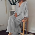 thumbnail image 1 of JUNWELL Robe Chemise Décontractée de Vacances Femme Couleur Unie Manches Longues Col en V Ample Coton Lin Robe Midi Été Mince Fin de Semaine Robes de Rue, 1 of 7