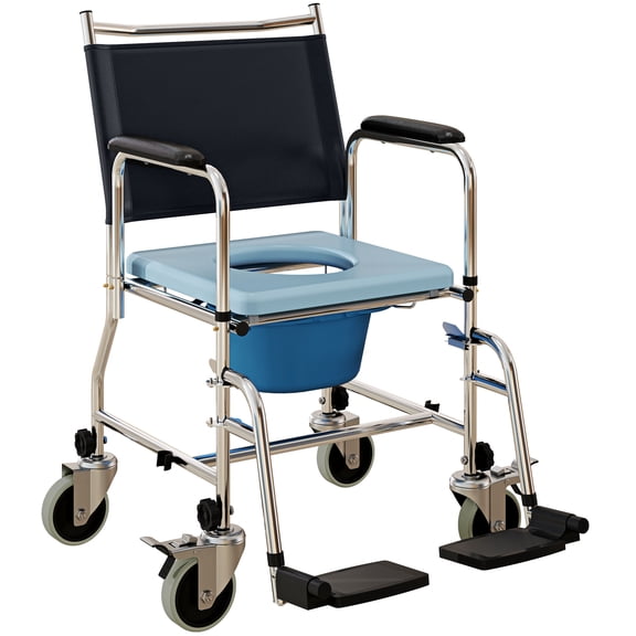 HOMCOM Rolling Shower Wheelchair, Bedside Commode Toilet Chair for Seniors