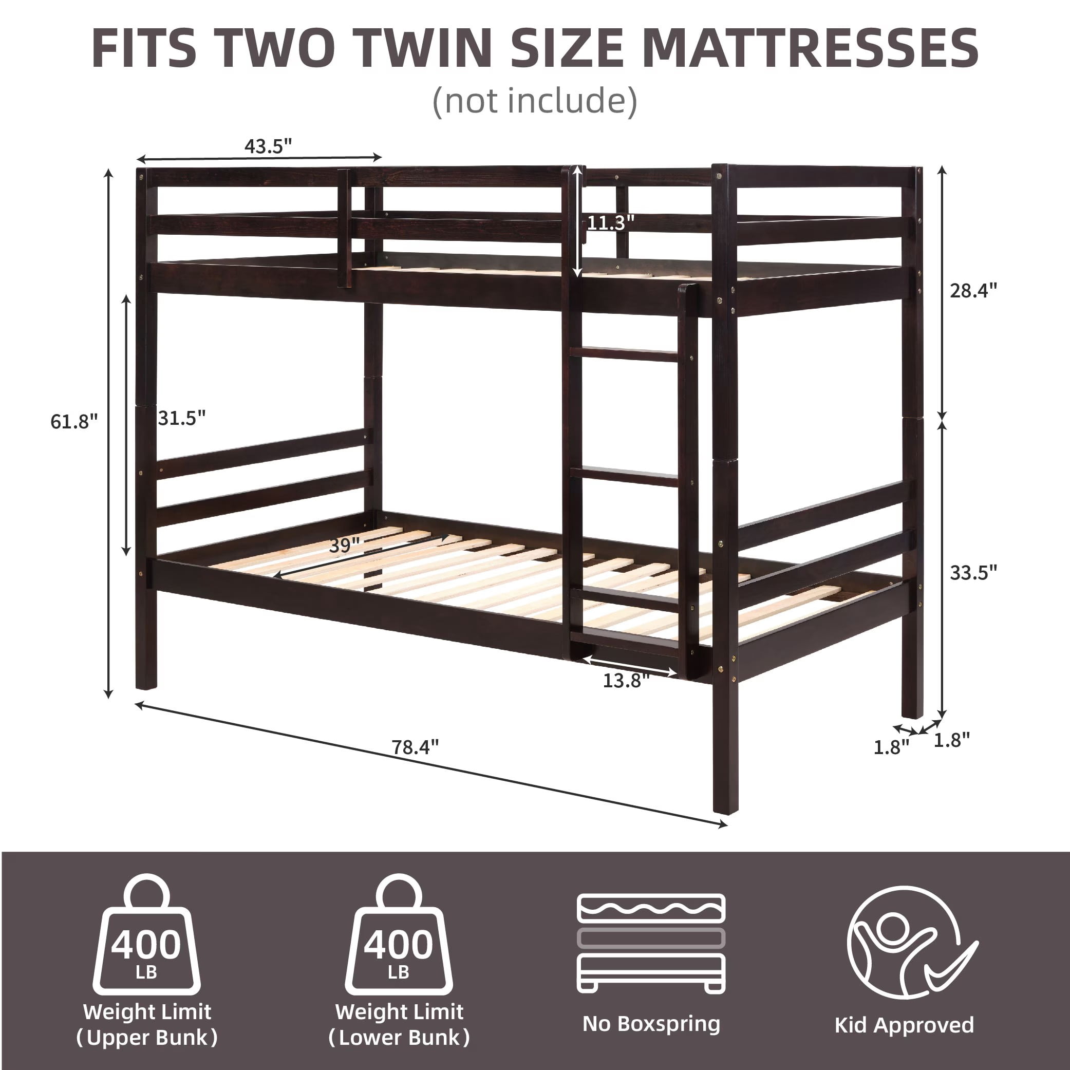 Aukfa Twin over Twin Bunk Bed, Wooden Bunk Bed with High Guardrail for Kids/Teens and Dorm Room/Guest Room, Espresso