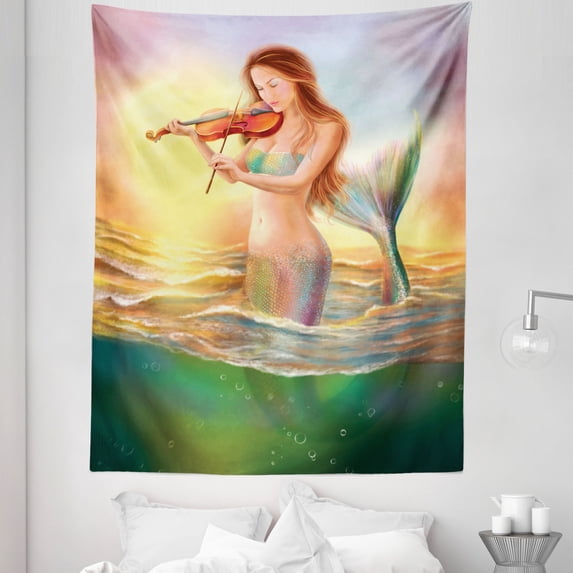 Sunset Tapestry, Mermaid Playing Violin at Sunset View Colorful Realistic Design Soft Dreamlike, Fabric Wall Hanging Decor for Bedroom Living Room Dorm, 5 Sizes, Multicolor, by Ambesonne
