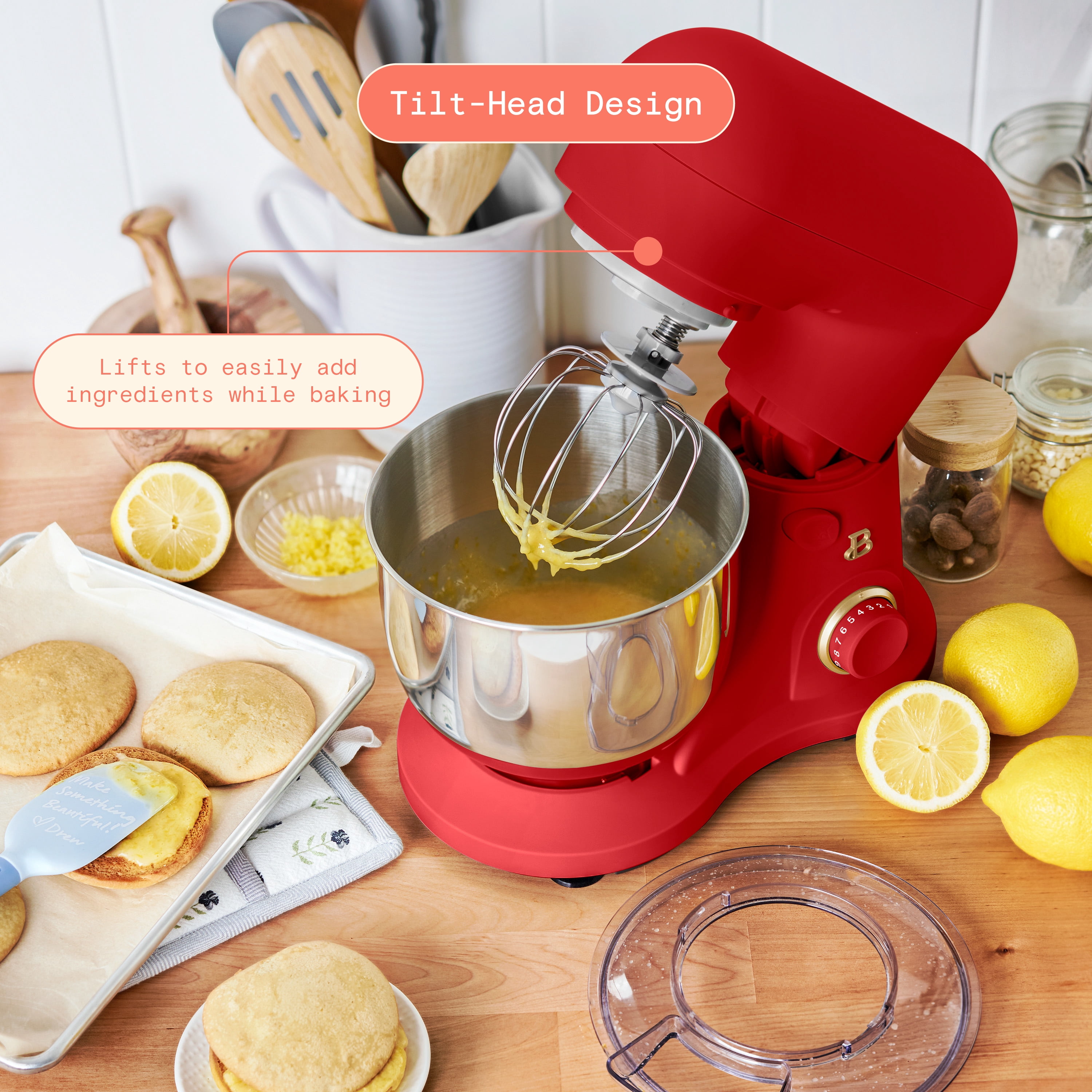 Beautiful 3.5 Qt Stand Mixer with Flat Beater, Dough Hook, Balloon Whisk, Tomato Red by Drew Barrymore