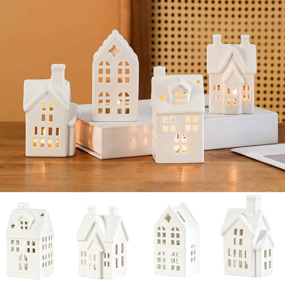 QuickGo Ceramic House Shape Candle Holder, White Hollow Tea Light Holder Ornament, Artistic Miniature House Figurine for Christmas Home Table Decor