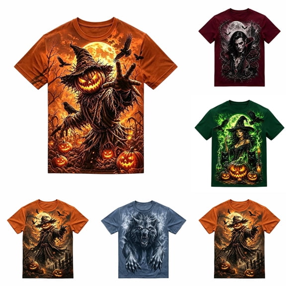 IWRICH Halloween Shirts for Men Scary Pumpkin Face Print Tees Novelty 3D Print Crewneck Short Sleeve T Shirts 05-Blue XL