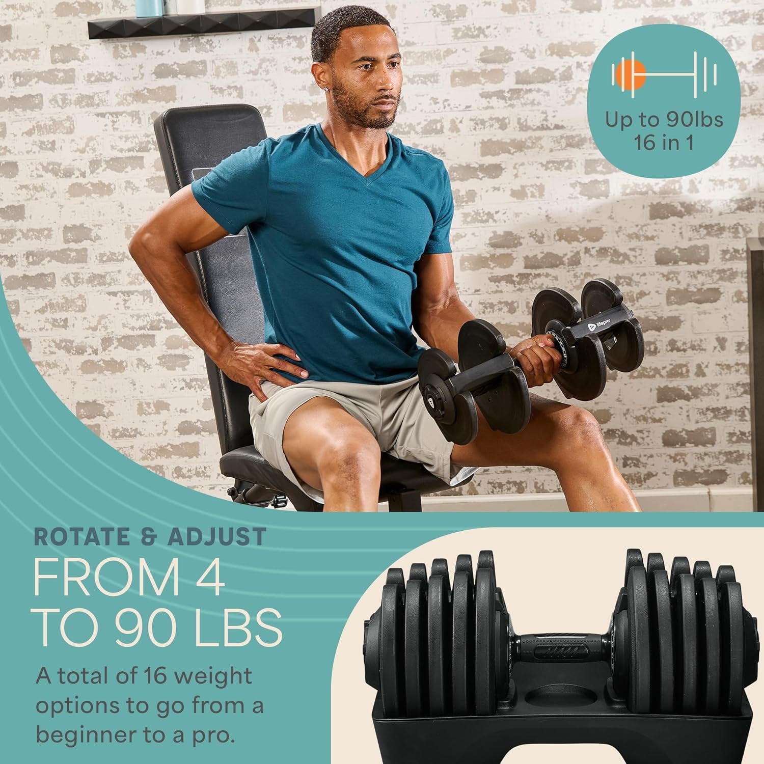 LifePro 90lb Single Adjustable Dumbbell - Quick Dial Weight Set for Home Gym Strength Training - Iron & Non-Slip