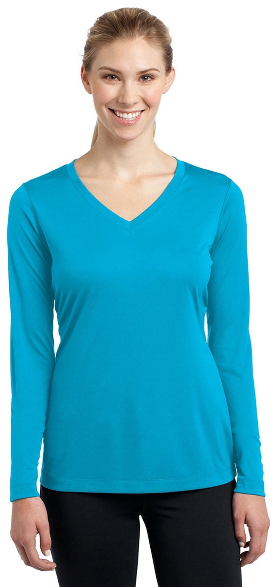 SportTek Ladies Long Sleeve V Neck Polyester Basic Tee Blouse