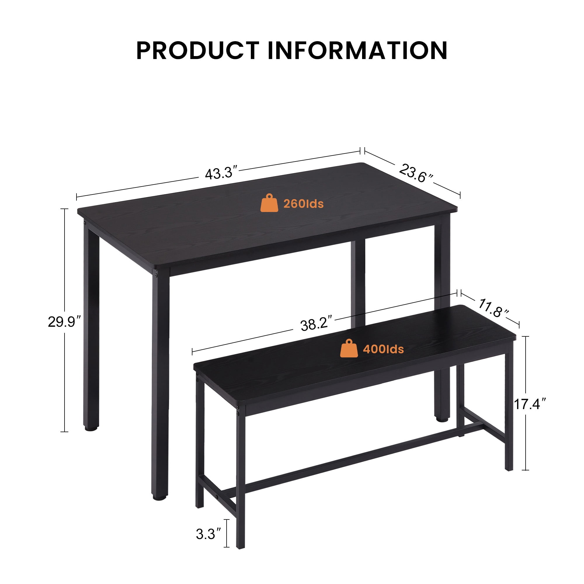 Aukfa Dining Table Set for 4, Rectangular Kitchen Table W/ 2 Benches for Small Space,Black