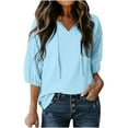 thumbnail image 2 of CFLVAEK Waffle Knit Tops for Women Loose Fit Eyelet 3/4 Sleeve Blouses Casual V Neck Pullover Tops Solid Color Going Out Vcation Shirts Blue S, 2 of 9