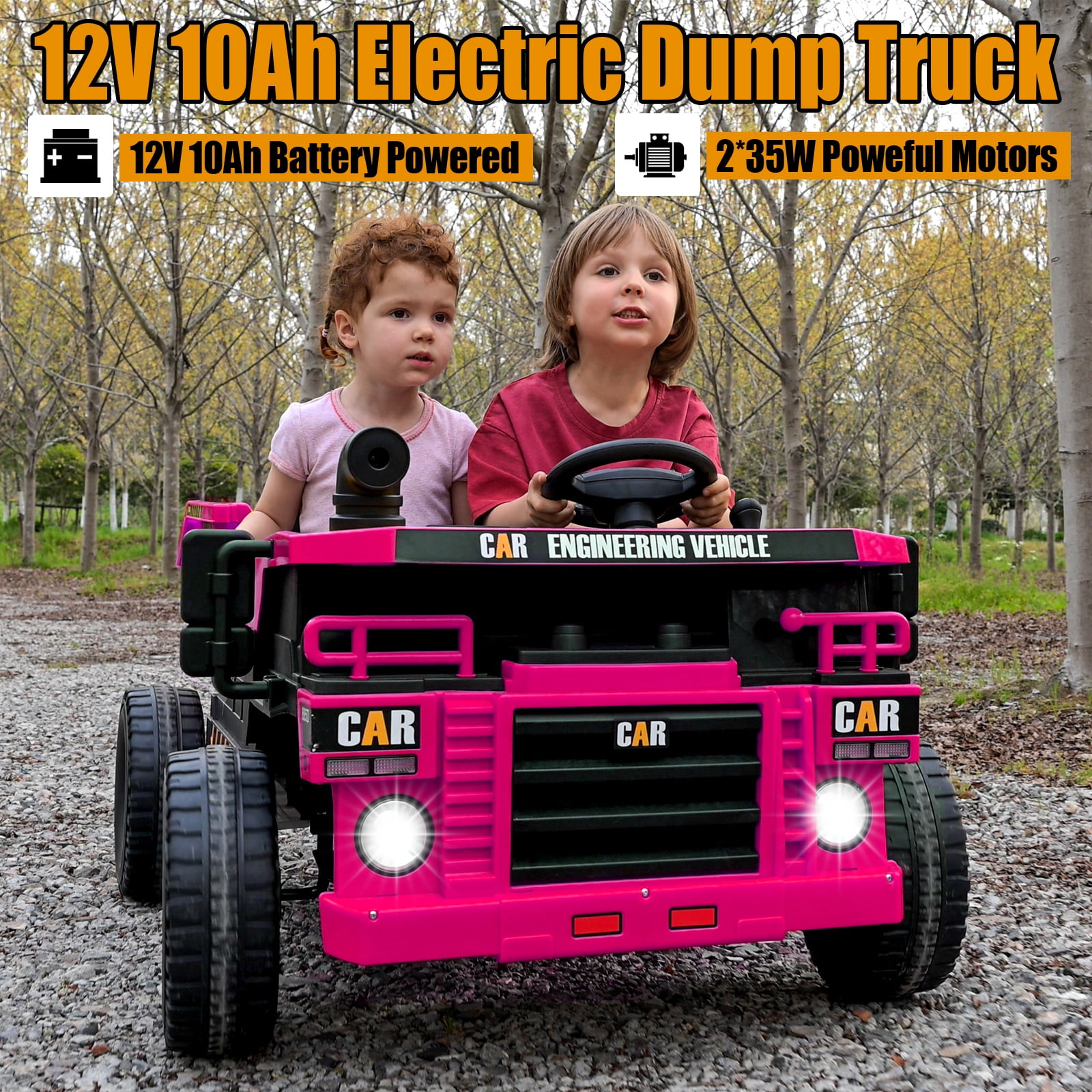FINITO 12V 10Ah Ride on Toy for Toddlers, Powerful 4 Wheels Electric Dump Truck, 2 Seater Kids Ride on Car w/Parent Remote Control, Music Bluetooth Shove, Pink