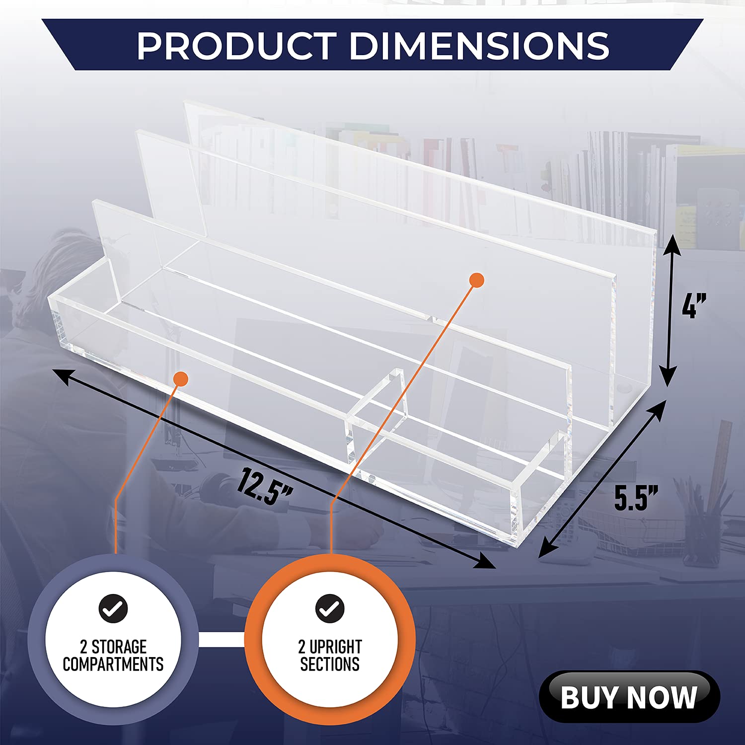 Acrylic Desk Organizer for Office Supplies and Desk Accessories, 12.5 x 5.5 x 4 and 5mm Acrylic Valet to Organize Documents, Files, Mail, Paper Clips, Sticky Notes, Tablet, Other Storage (Clear)