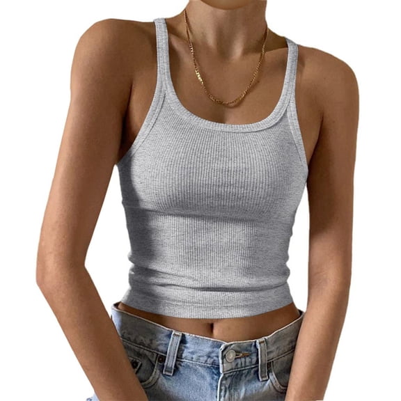 CIENVNSTG Women's Slim Fitting Ribbed Knit Tank Top Scoop Neck Solid Color Sleeveless Basic Cami Shirts for Summer Daily Casual And Everyday Wear Light Gray S