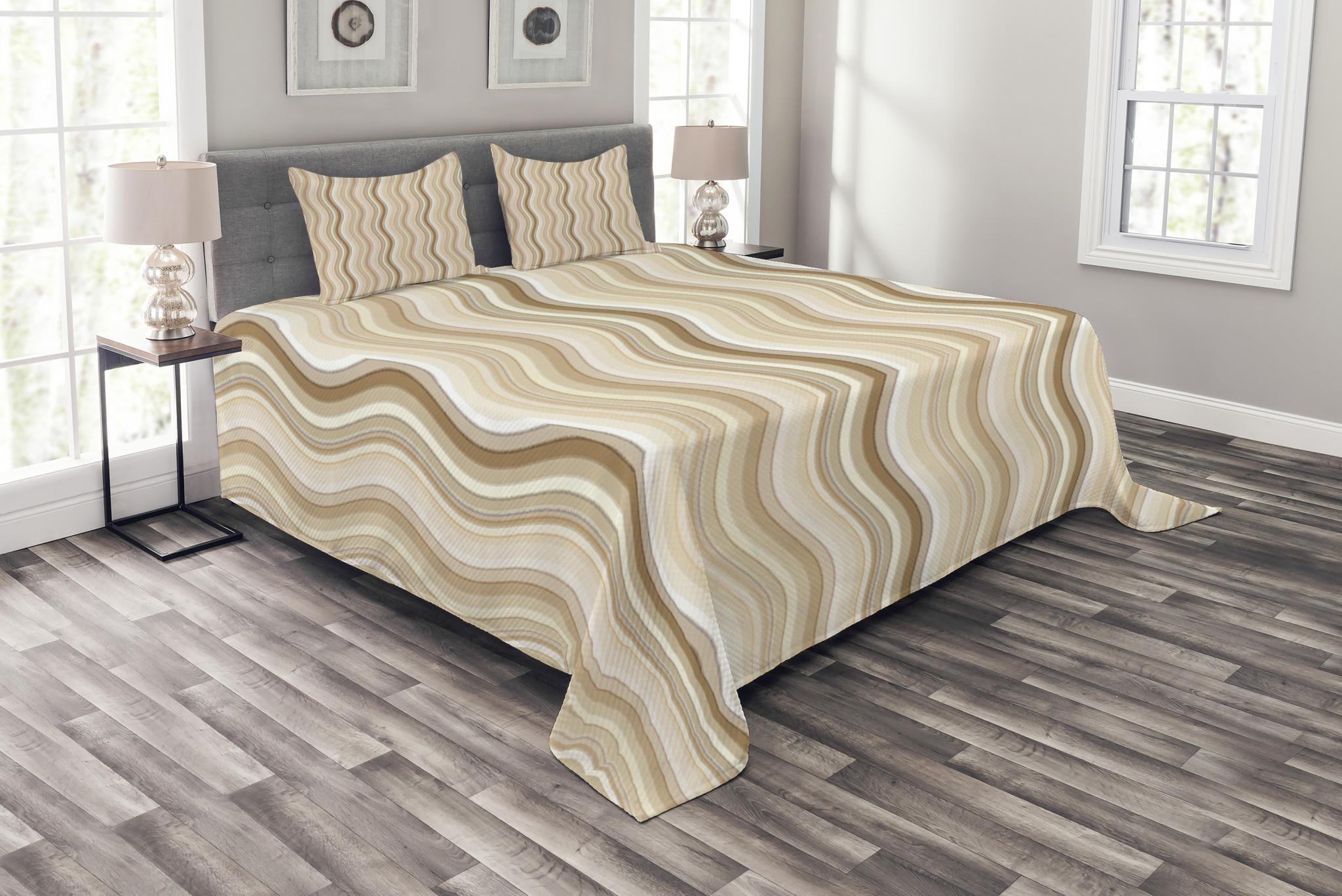 Tan Bedspread Set, Wavy Curvy Lines Flowing in Vertical Direction Swirl