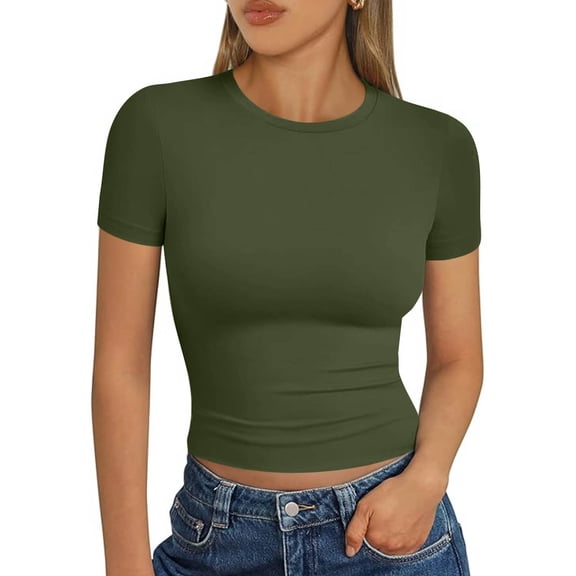 CIENVNSTG Womens Fitted T Shirts Summer Short Sleeve Crew Neck Slim Fit Buttery Soft Crop Tops Y2k Styling Casual Basic Tees for Workout Daily Leisure And Outgoing Occasions Green M