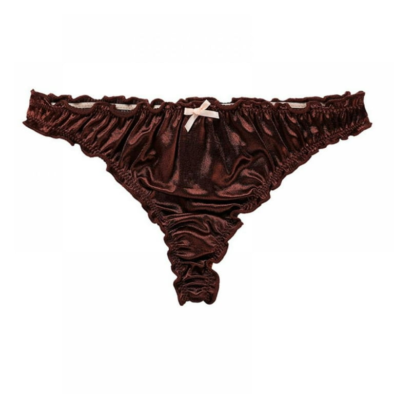Naiyafly 1Pc Women's Satin Thong Panties Low-Waist Ruffle Milk Silk  G-string Panties Frilly Thongs Underwear Ladies Underpants Dark Brown L 