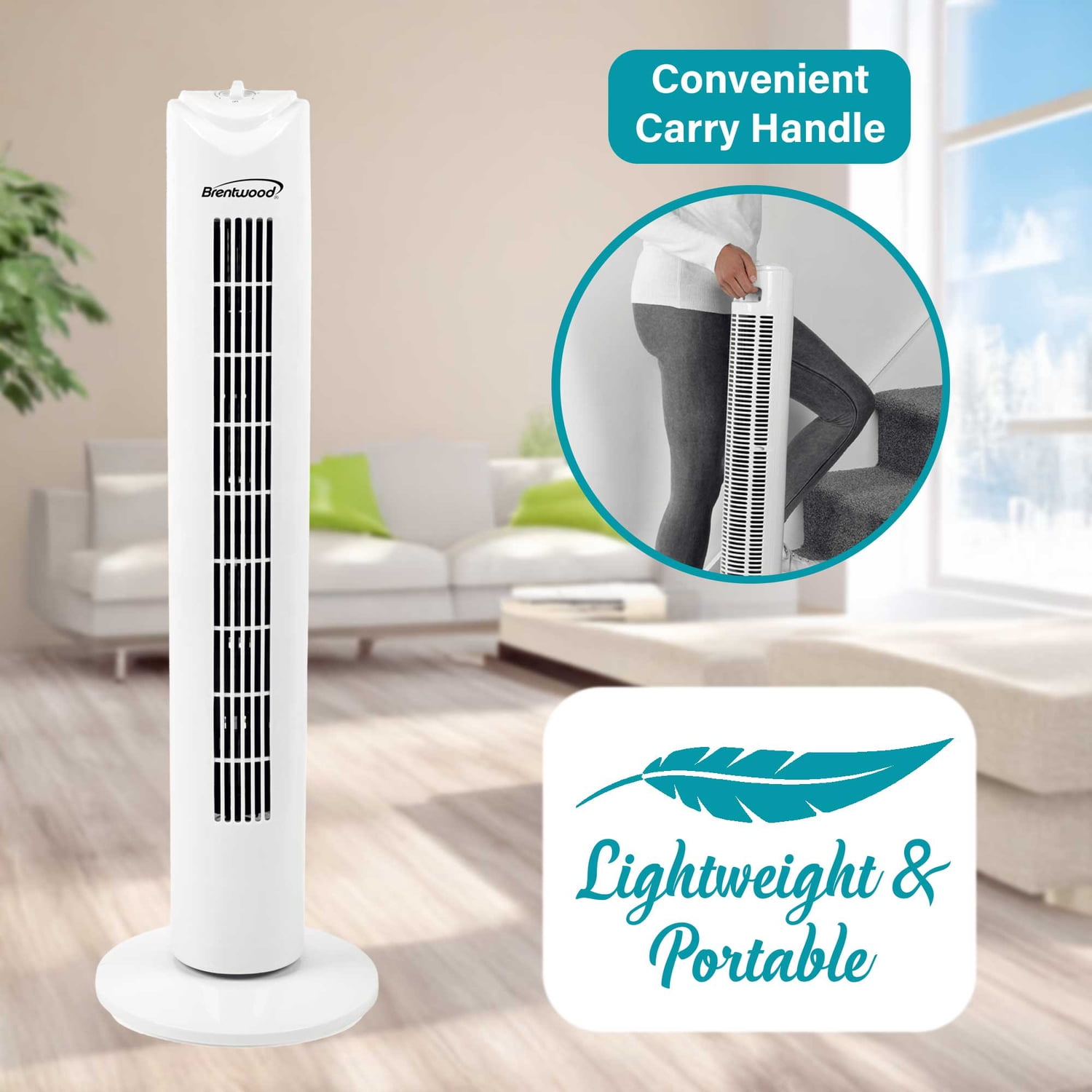 Brentwood 32-In. 3-Speed Portable Oscillating Tower Fan with Timer, F-32T (White), F-32TW