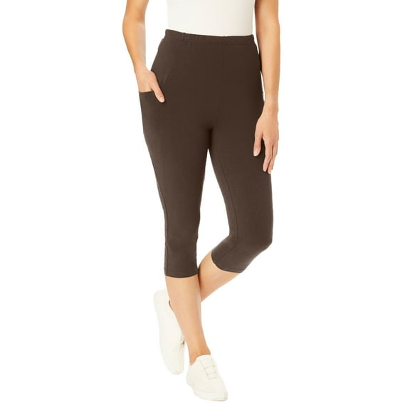Woman Within Plus Size Petite Stretch-Cotton Knit Pull-On Pocket Capri Leggings
