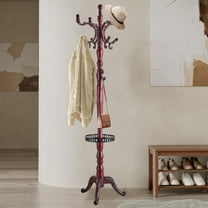 Coat Rack Freestanding, Hall Tree with 11 Hooks, Heavy Duty Wooden Coat Tree Stand, Adjustable Height, Sturdy Base for Bedroom Hallway Office - Load 300lbs