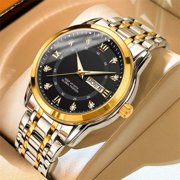 Mens watch, business high-end waterproof dual calendar luminous steel band quartz watch, mens wristwatch, fashionable trendy watch