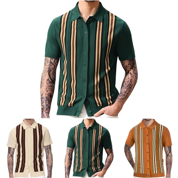 Mens Golf Polo Shirts Vintage Button Down Knitted Striped Shirts with Short Sleeve Size 3XL Green