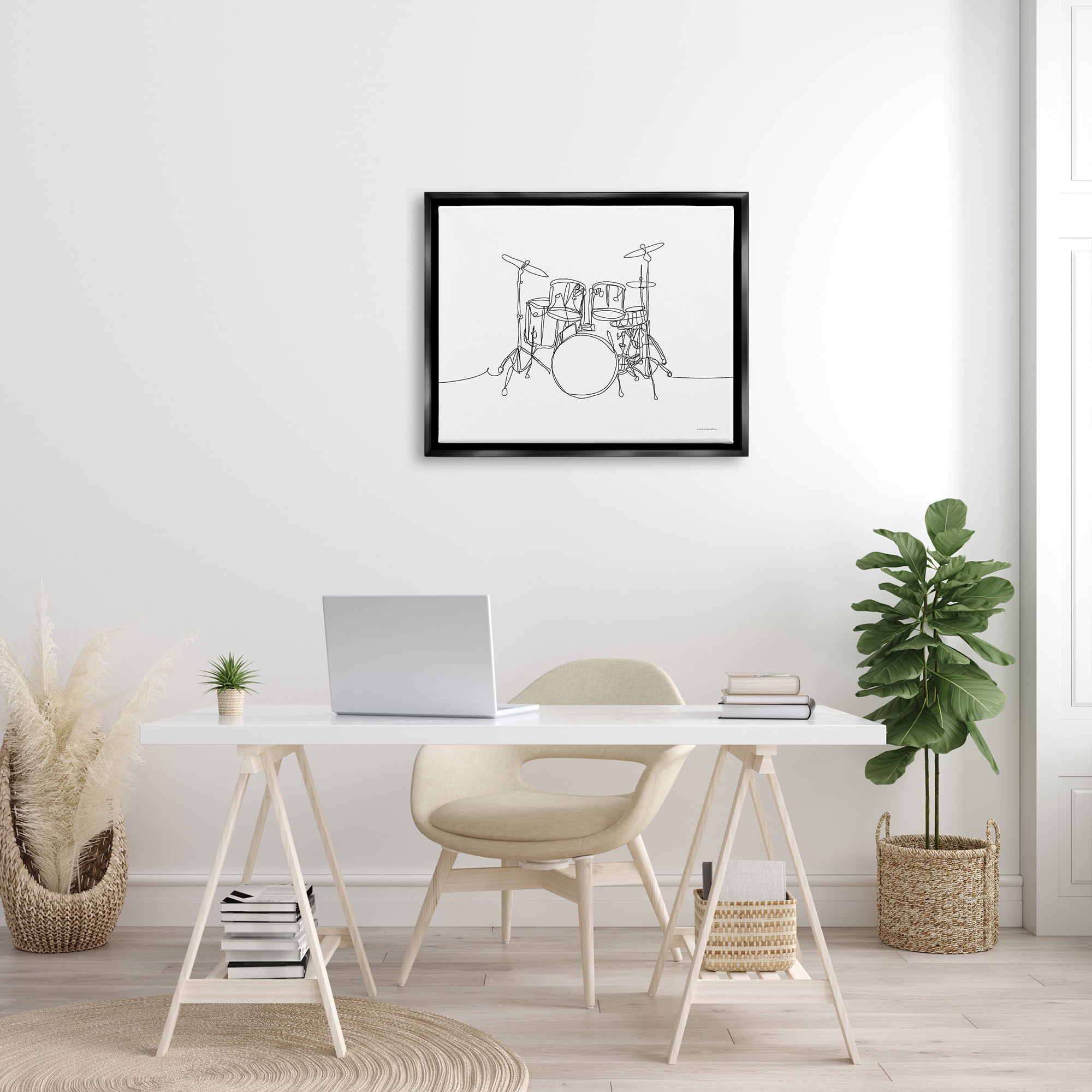 Stupell Drum Kit Musician Line Doodle Beauty & Fashion Painting Black Floater Framed Art Print Wall Art