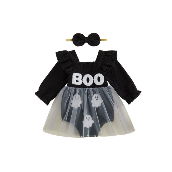 RUINIXCW Newborn Baby Girl Halloween Outfit Smocked Tulle Romper Dress Infant Baby Girls Summer Fall Clothes Pumpkin Ghost Long Sleeve Bubble Romper Dress Headband Set